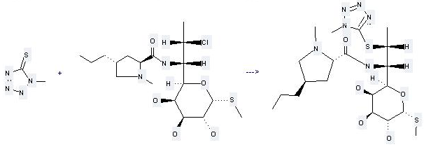 Clindamycin can react with 1-methyl-1,4-dihydro-tetrazole-5-thione to get 1-methyl-4-propyl-pyrrolidine-2-carboxylic acid [2-(1-methyl-1H-tetrazol-5-ylsulfanyl)-1-(3,4,5-trihydroxy-6-methylsulfanyl-tetrahydro-pyran-2-yl)-propyl]-amide.